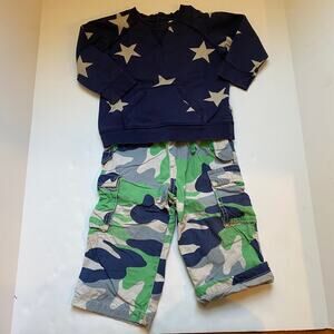 Baby Boden Blue Star Sweatshirt & Camo Jersey Lined Pants Outfit